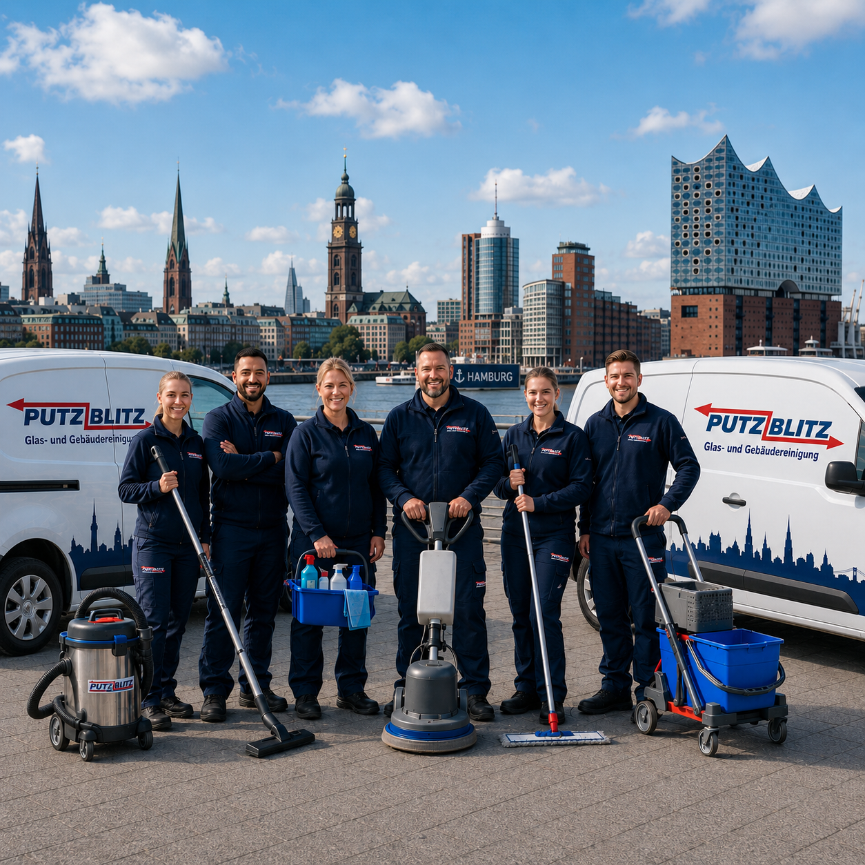 Team von Putz-Blitz mit Firmenfahrzeugen vor der Hamburger Skyline
